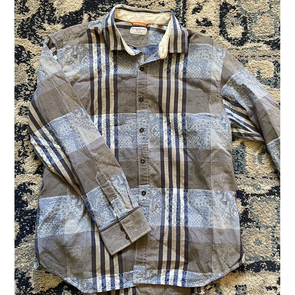 Tommy Bahama Jeans Island Crafted XL Blue Bandana Plaid Cotton Shirt
